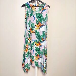 Kaktus Tropical‎ Rainbow Leaf Print Sleeveless Midi Dress Size L Resort Vacation